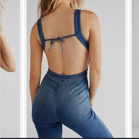NEW FREE PEOPLE 2ND AVE CRVY DENIM ONE PIECE JUMPSUIT, SZ 14 - Picture 3 of 11